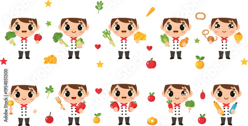 Cute chef character set with vegetables fruits and food items cartoon vector illustration