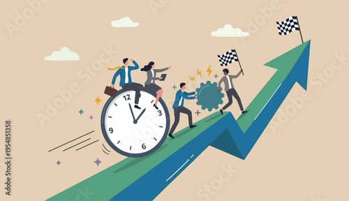 Time management, effort efficiency boost, productivity finish project, teamwork planning, multitasking finish work within deadline concept, business people riding clock up rising arrow