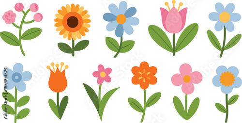 Floral Delight: A vibrant collection of stylized blooms, each petal and stem bursting with color and charm. A perfect illustration to bring a touch of nature's beauty to any design.