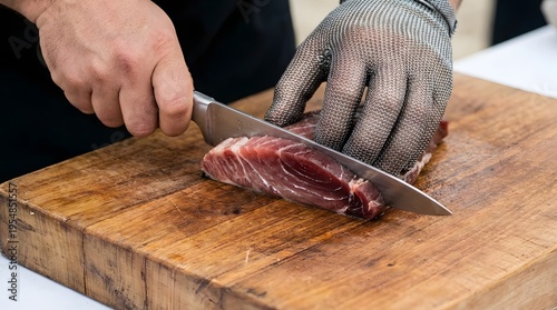 A person cutting raw meat on a wooden board with a glove