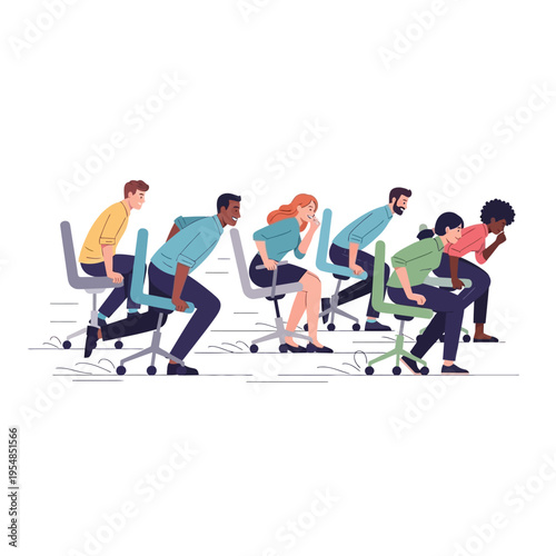 Diverse business people racing on office chairs, competition and teamwork concept