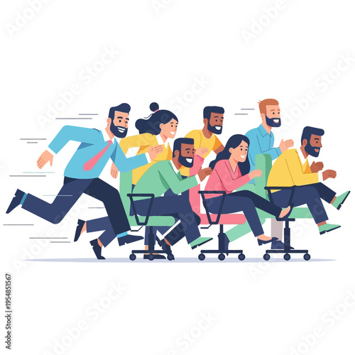 Diverse business people in a fast-paced office chair race, teamwork, competition, and speed concept