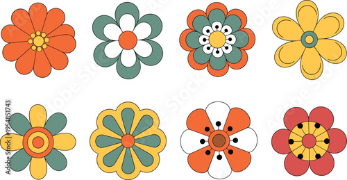 Floral Harmony: An array of stylized floral blossoms in vibrant hues, showcasing their unique petal arrangements and centers. A delightful display of botanical beauty, perfect for decorative designs.