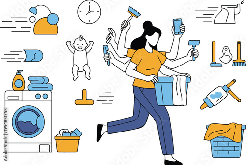 Busy mother doing house cleaning and laundry with household chores vector illustration
