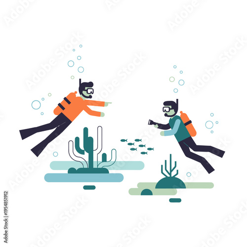 Two divers explore coral reef with fish and underwater plants