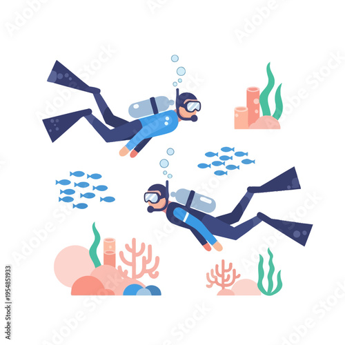 Two divers exploring coral reef with fish and underwater plants