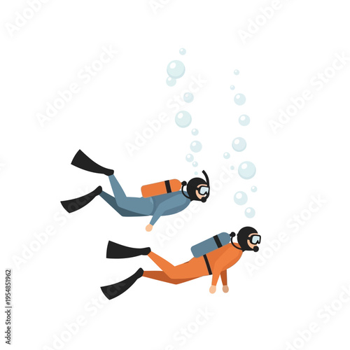 Two divers exploring underwater, bubbles rising, clear water, scuba diving adventure