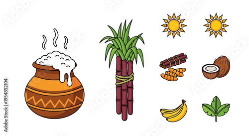 Pongal Festival Icons: Pot of Boiling Rice, Sugarcane, Sun, Coconut, Turmeric, Banana, Leaves