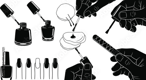 Black silhouette set of nail polish bottles brushes and manicure tools isolated on white background beauty salon vector illustration