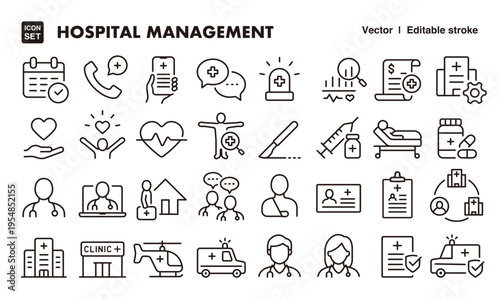Hospital Management and Healthcare Services Icon Set – Editable Line Style