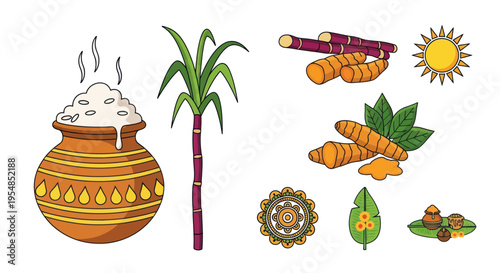 Pongal Festival Icons: Sweet Rice, Sugarcane, Turmeric, Sun, Kolam Art
