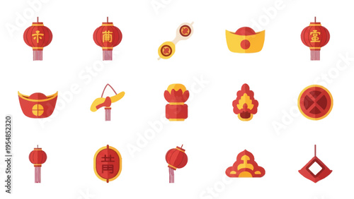 Chinese New Year Icons: Lanterns, Gold Ingots, Firecrackers & More - Red & Gold