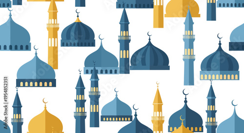 Islamic mosque domes and minarets seamless pattern, blue and gold.
