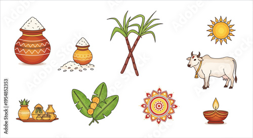 Pongal Festival Icons: Sugarcane, Pot, Cow, Sun, Lamp, Rice, Kolam