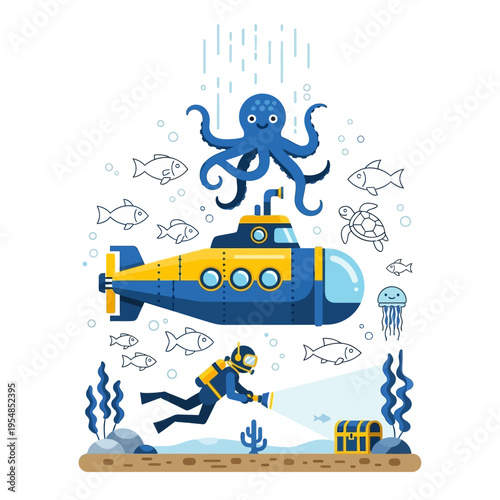Underwater exploration with submarine, diver, octopus, turtle, jellyfish, treasure chest