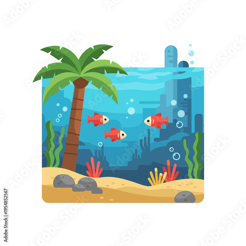 Underwater Tropical Aquarium Scene with Palm Tree, Coral Reef, and Fish
