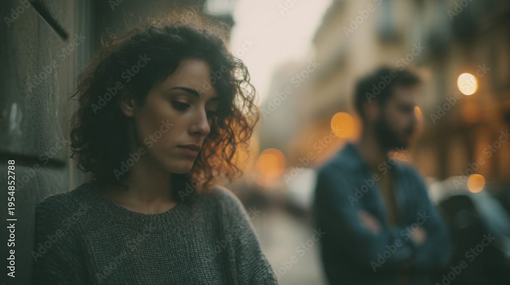 Obraz premium Sad woman looking down with blurred couple in background, expressing heartbreak, loneliness, and emotional pain in modern relationship concept.