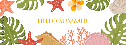 Hello summer banner with tropical leaves, seashells, starfish and coral. Bright beach header with copy space for seasonal promotions, cards, web and social media design