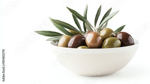 Glossy Green and Brown Olives in Ceramic Bowl with Olive Leaves