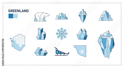 Greenland Icons: Polar Bear, Icebergs, Snowflake, Sled, Map