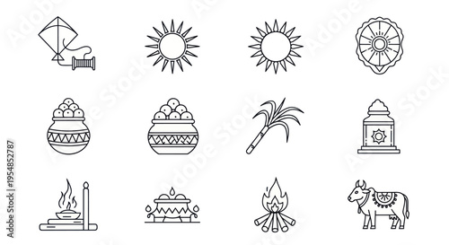 Indian festival icons: kite, sun, sugarcane, pot, bonfire, cow, lamp, etc.