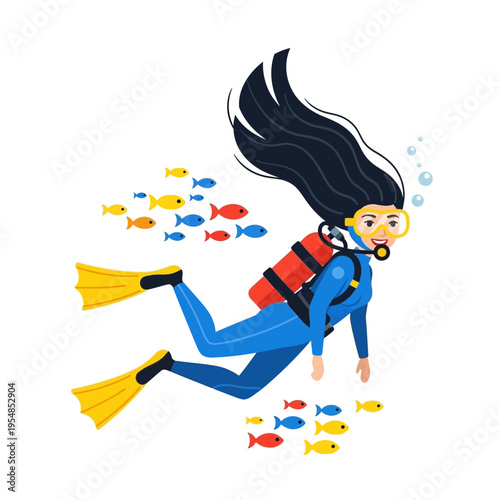 Woman scuba diving with school of fish underwater, adventure, travel, ocean, marine life