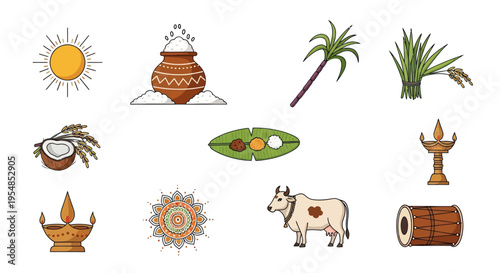 Pongal Festival Icons Set: Sun, Pot, Sugarcane, Rice, Coconut, Cow, Lamp, Drum