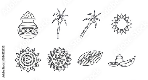 Pongal Festival Icons: Pot, Sugarcane, Sun, Rangoli, Banana Leaf, and Jaggery