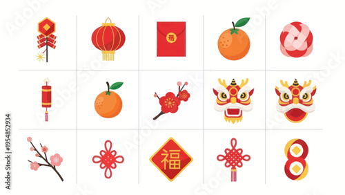 Chinese New Year Icons Set: Lanterns, Dragon, Mandarins, Firecrackers, Lucky Knot
