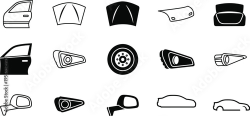 Car parts outline icon set with automotive components, vehicle body elements, and spare parts collection for repair and transportation design