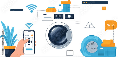 Smart washing machine with WiFi control and laundry technology concept vector illustration