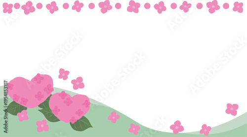 Heart Shaped Hydrangea Frame Vector 16:9 with Top and Bottom Floral Border Isolated | Pink Cute Floral Banner Transparent Background　ハート型の紫陽花フレーム（16:9・ピンク・上下装飾）ベクター｜背景透過・かわいい花バナー素材