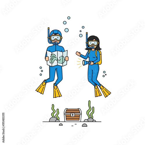 Scuba Divers Discover Treasure Chest with Map and Flashlight Underwater