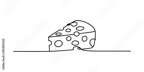 Continuous one line drawing of a wedge of swiss cheese with holes on a plain white background