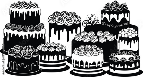 Cake silhouettes set with decorated layered desserts, frosting designs, and bakery sweets for celebration, birthday, and pastry shop concept