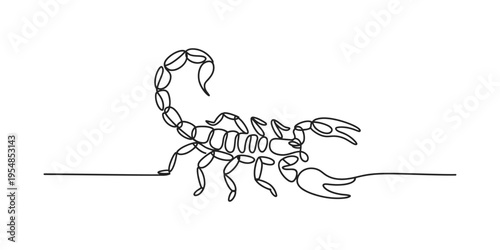 Continuous line drawing of a scorpion with a curved tail and sharp claws on white background