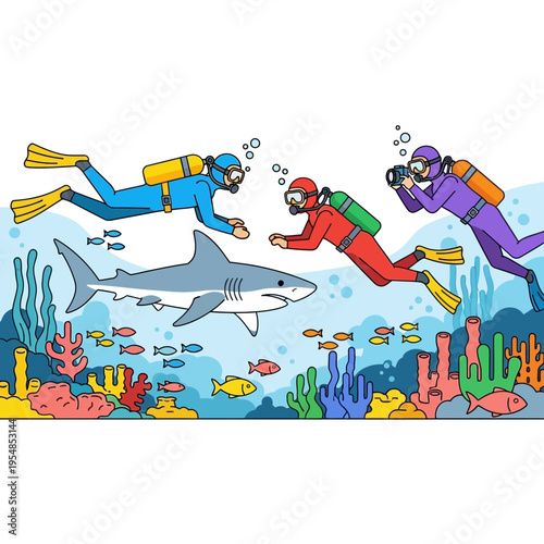 Scuba divers encounter shark and coral reef, underwater exploration, marine life