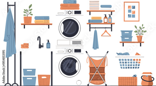 Laundry room interior with washing machines shelves baskets and home organization vector illustration