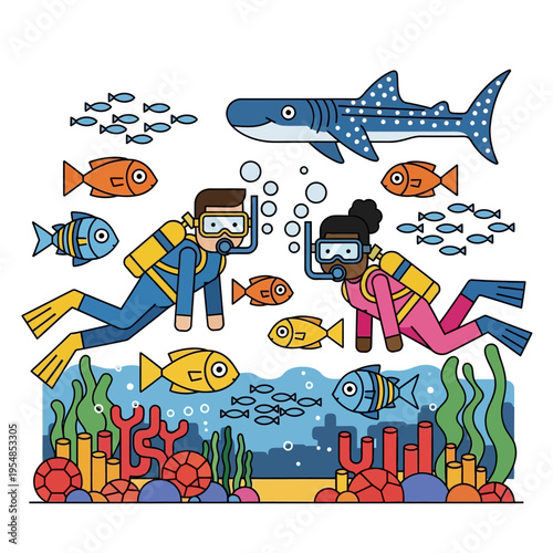 Scuba divers explore vibrant coral reef with whale shark and colorful fish
