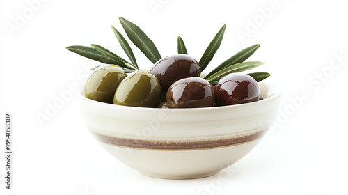 Glossy Green and Brown Olives in Ceramic Bowl with Olive Leaves