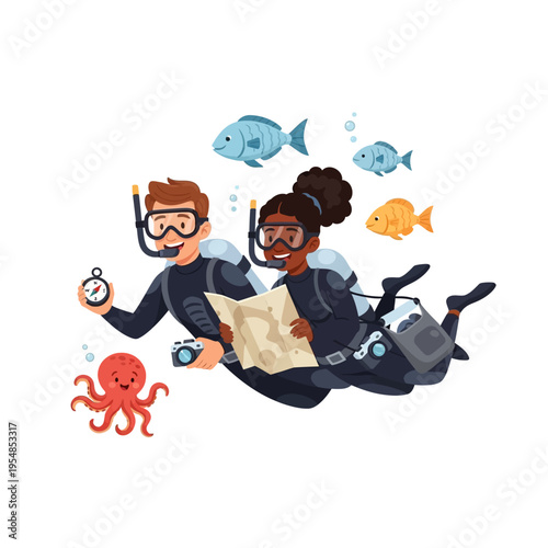 Scuba divers exploring underwater with map, camera, compass, octopus, and fish