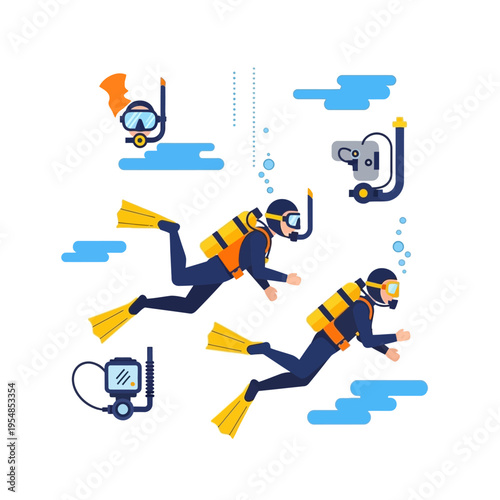 Scuba Divers Exploring Underwater World with Equipment and Bubbles