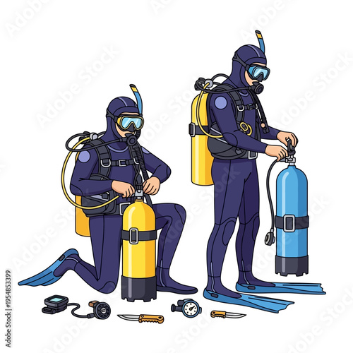 Scuba Divers Preparing Equipment: Two Divers, Gear, Tanks, Regulators, Snorkels, Flippers