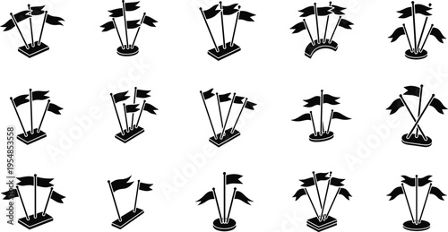 Fishing rod bending under tension with hooked fish silhouettes set dynamic angling action sport fishing equipment vector illustration