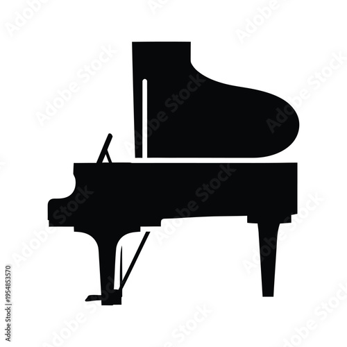 A black silhouette of a grand piano on a white background