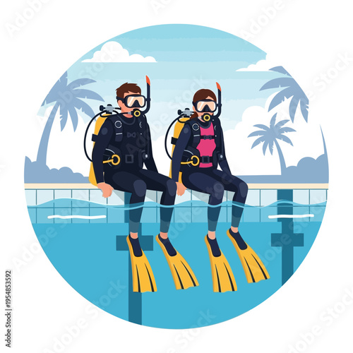 Scuba Divers Ready for Adventure: Couple in Gear by Poolside with Palm Trees