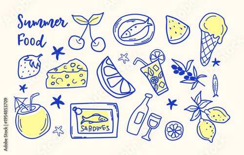 Summer Food Drinks Fruits Berries Fish Sweets Icons Set in Doodle Hand Drawn Style. Hand Drawn Italian Summer Beach Elements. Whimsical Beach Coastal Mediterranean Line art Icons Sketch. Trendy Modern