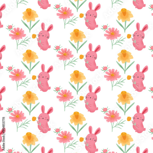 Cute Bunny with Cosmos and Daffodil Flower Pattern