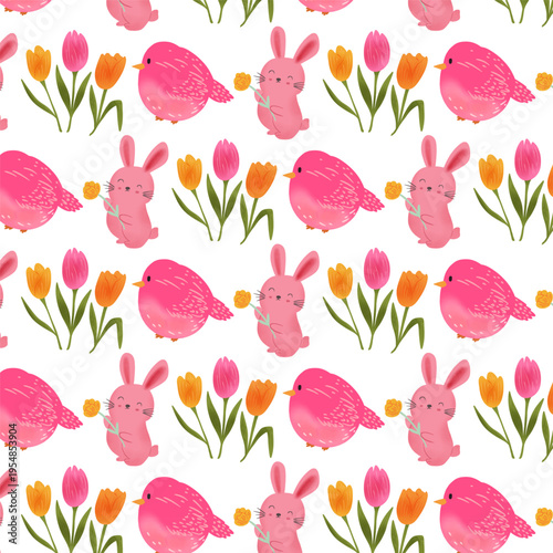 Cute Pink Bird Bunny and Tulip Spring Pattern