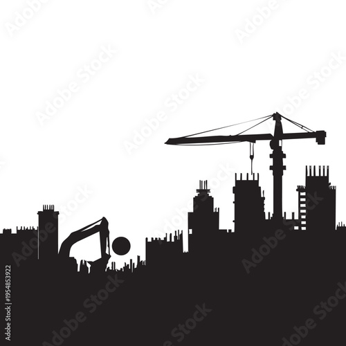 Construction site silhouette with tower crane and excavator building urban infrastructure